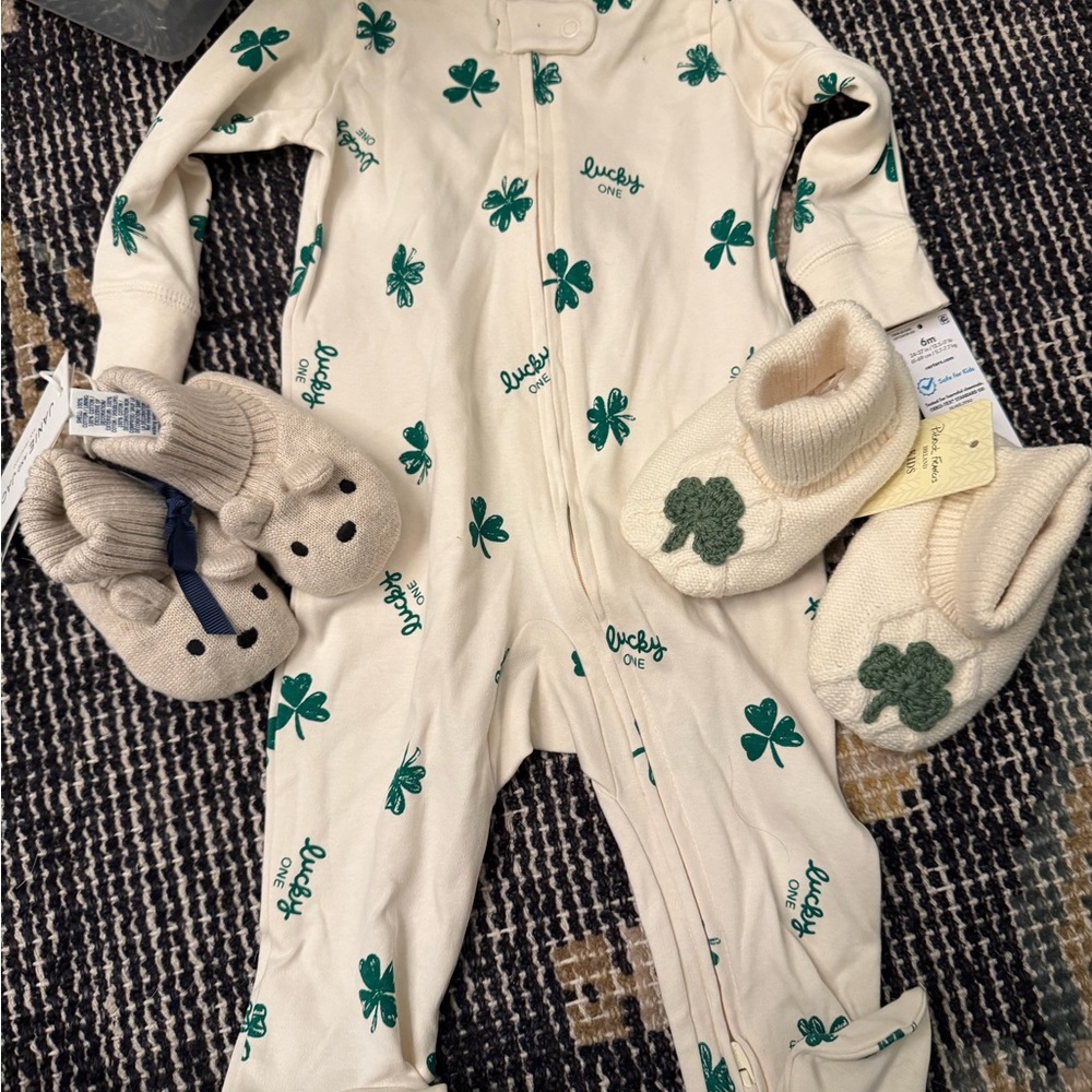 NWT 6M Carter's Cream and Green Clover Footie and Bear/Shamrock Booties